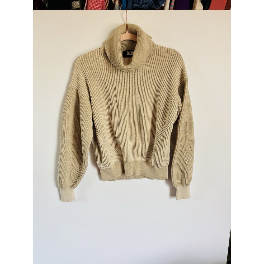 DKNY Cream Textured Cowl Neck Sweater with Balloon Sleeves‎ size Medium